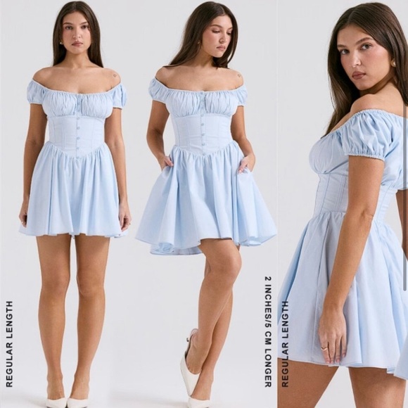 House of CB Nala Dress Light Blue Puffer Sleeve Mini Summer - Picture 5 of 10